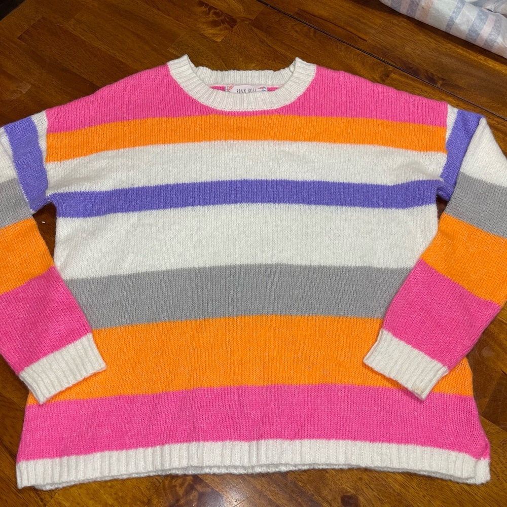 Pink Rose Colorblock Front Knit Sweater M Bright Stripes Cozy Pullover